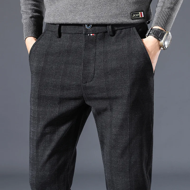 

Spring Autumn Brushed Woolen Plaid Casual Pants Mens Korean Style Stretch Straight Trouser Male Mid Waist Fashion Small Trousers