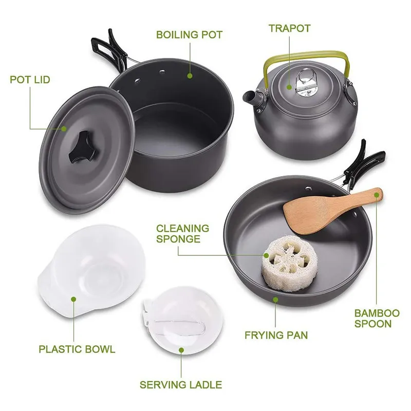 

Ultra-light Portable Aluminum Alloy Camping Hiking Picnic Cookware Pot Teapot 2~3 People Cooking Utensils Set
