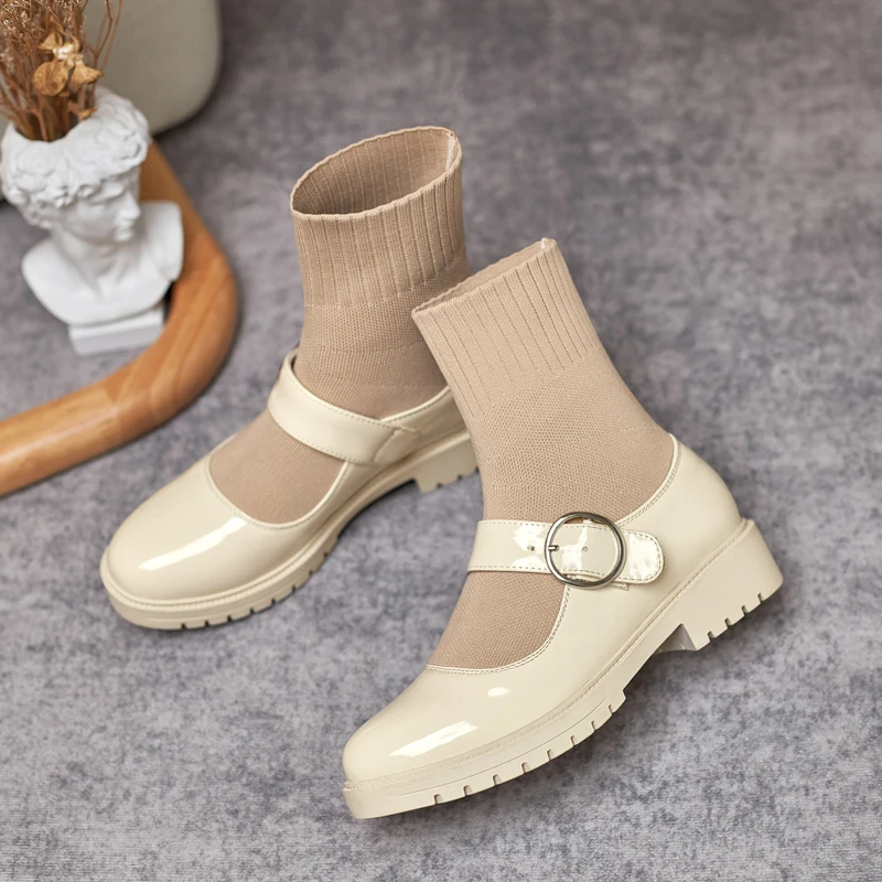 

Flying Knitting Wool Tube Mid-Calf Boots Bright Patent Leather Socks Overshoes Metal Belt Buckle Thick Bottom Warm Elastic Boots