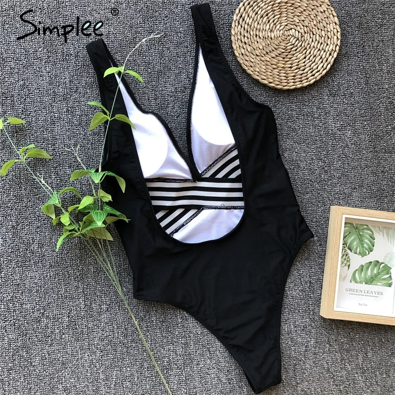 Сексуальный цельный купальник Simplee с полосами женский глубоким V образным