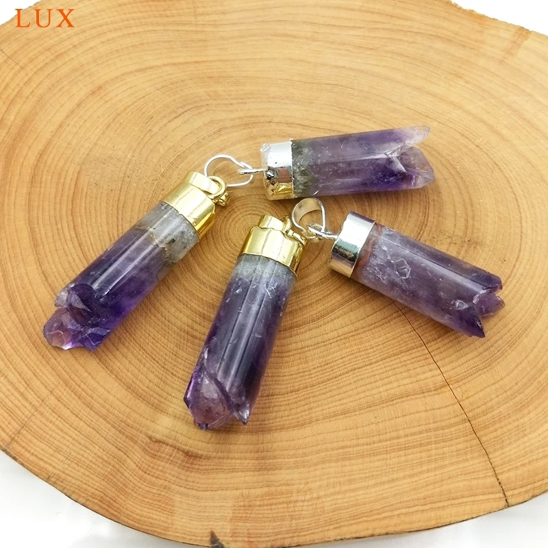 

columnar crystal pillar charm Natural Amethysts druzy Pendants With Gold Electroplated For Women Fashion Necklace making