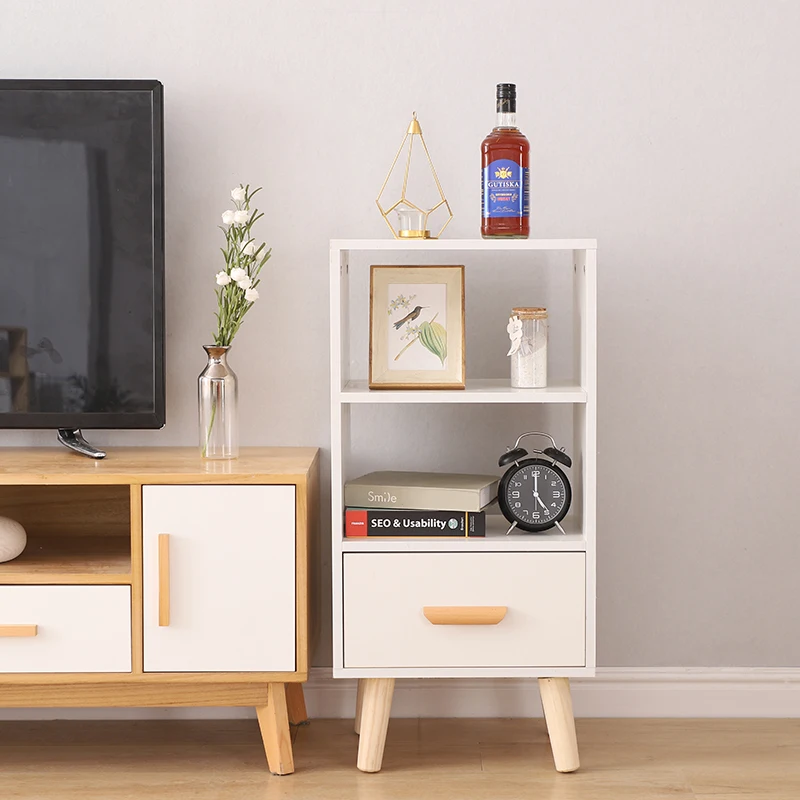 

Wooden Leg Bedside Nightstands With One Drawers Two Shelves Storage Table Rack Night Table Cabinet Locker Organizer HWC