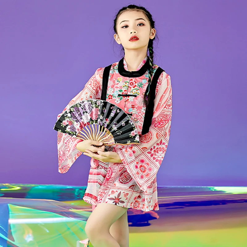 

Костюм джазовый для девочек, одежда в стиле хип-хоп, костюм розового цвета для китайской подиума, для джазовых танцев, представлений, детска...