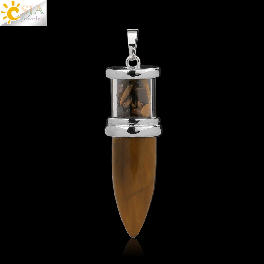 Tiger Eye CSJA в форме пули подвески из натурального камня розовый кварц Фиолетовый Кристалл ожерелья Желая бутылка конус рейки Маятник для женщин и мужчин G284 - Окраска металла: Tiger Eye
