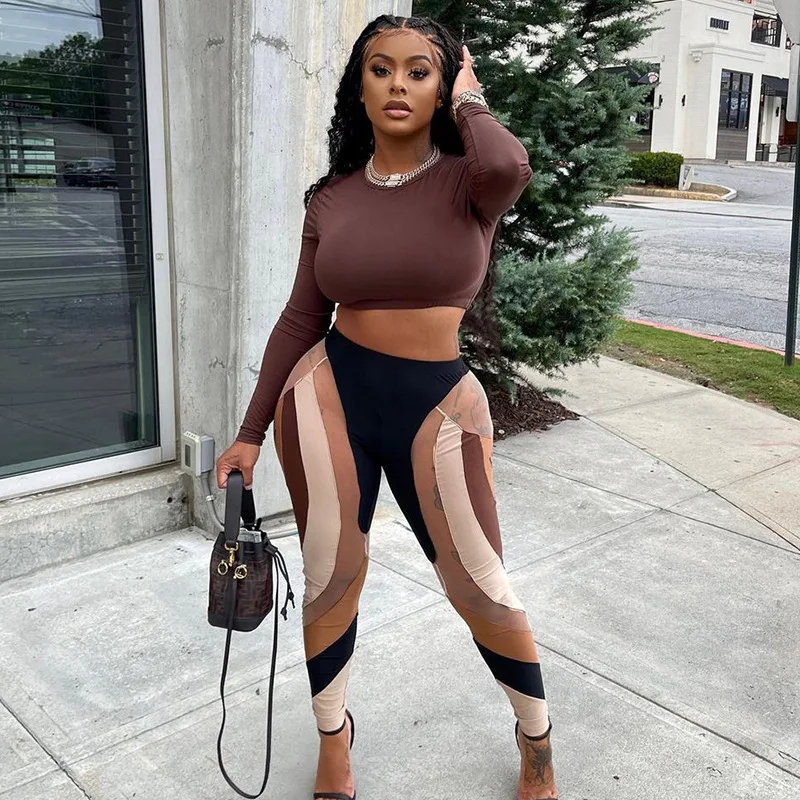 

Fashion women's autumn new printed high waist slim casual casual hollow trousers stitching