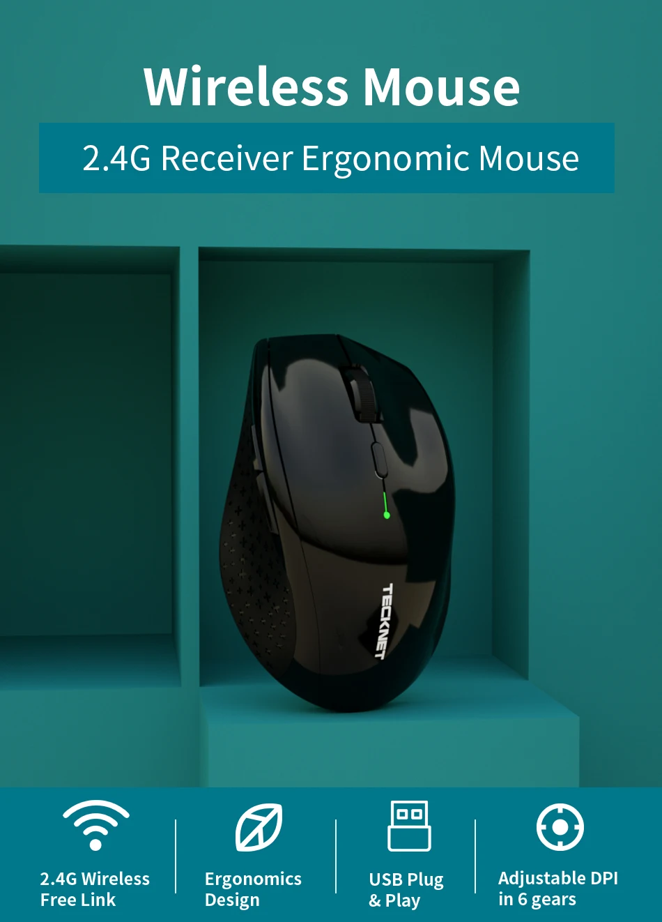 TeckNet USB оптическая беспроводная мышь 2,4G приемник 4800 dpi регулируемая USB 2,0 Компьютерная мышь эргономичная мышь для ноутбука ПК мышь