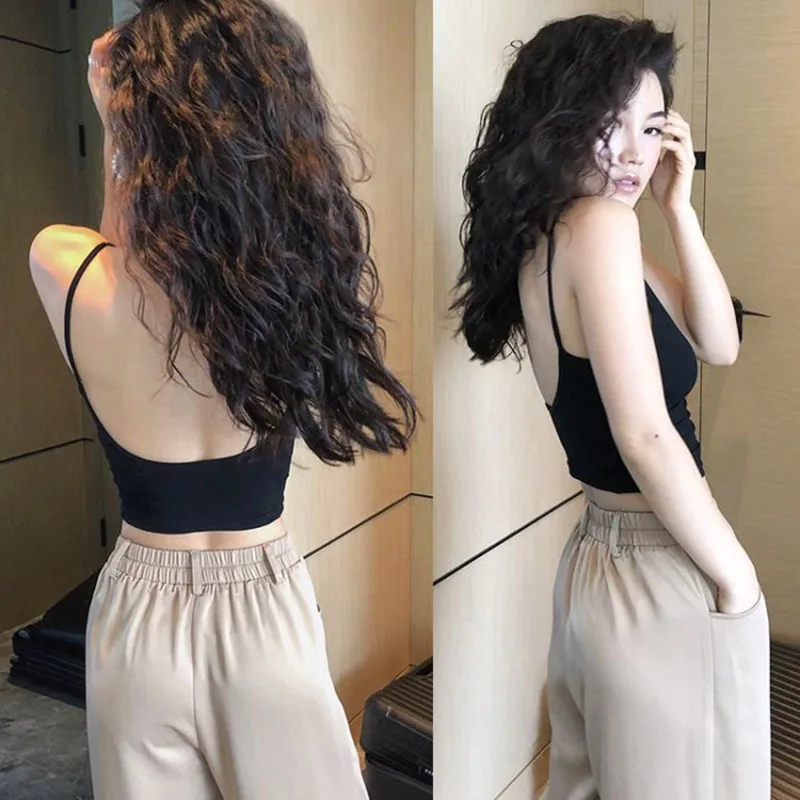 

Female Girls Sexy Hollow Out Short Camis Tops With Seperated Bra Women Backless Padding Tanks Crop Tops