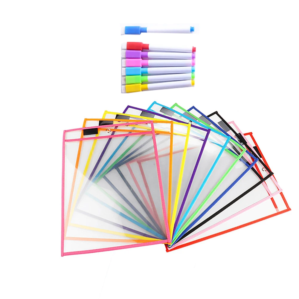 

10pcs/set Reusable Clear Erase Pockets Transparent Write and Wipe Pockets Drawing Board With Pen Holder Home Storage