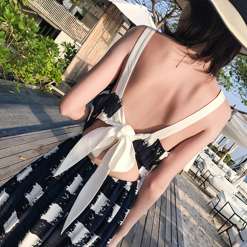 

#3996 Summer Black Plaid A-line Dress Women V Neck Boho Beach Dress Backless Sleeveless Spaghetti Straps A-line Dresses Long