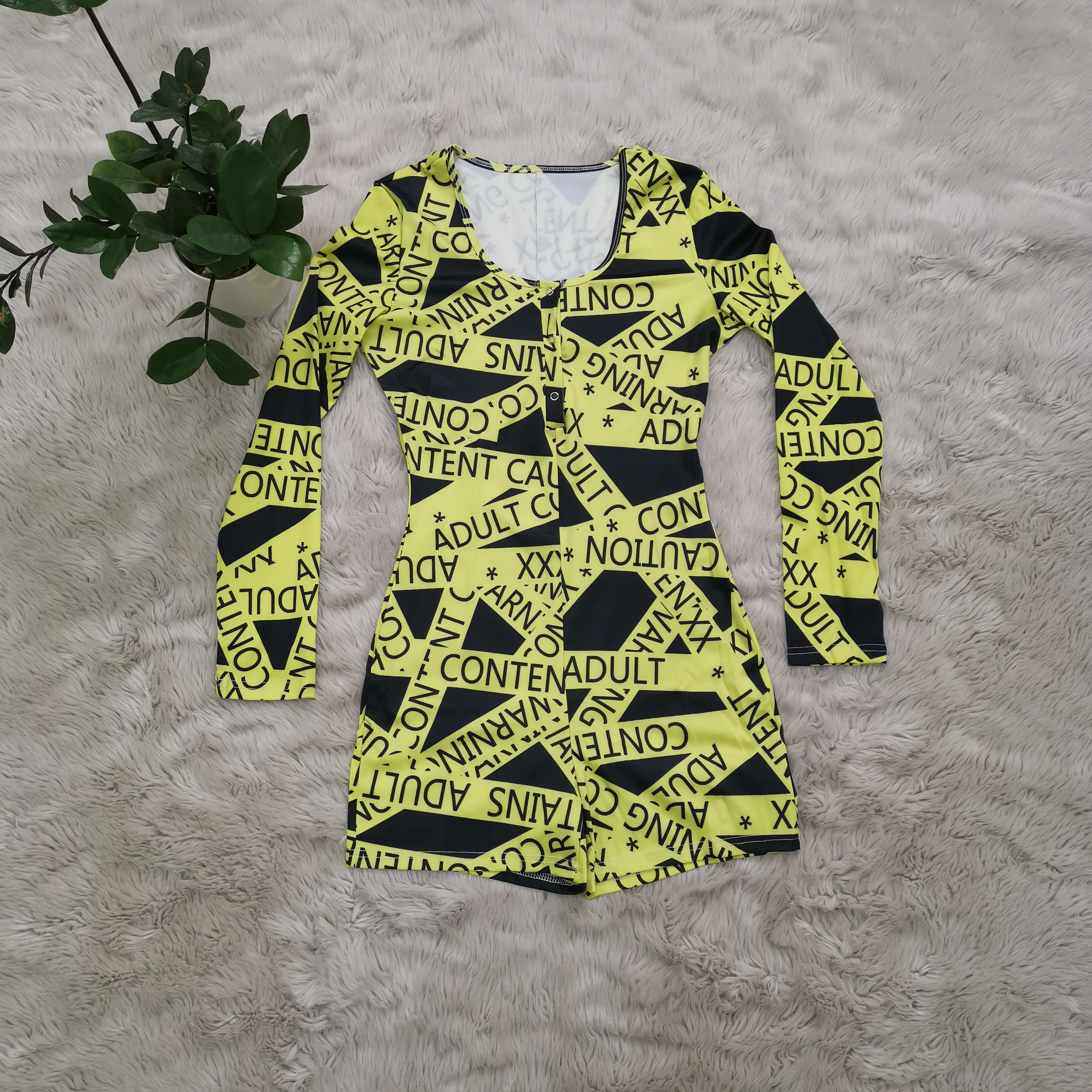 

Coolhappy Sexy Women Deep V-neck Bodycon Jumpsuit Bodysuit Shorts Romper Bodysuit Leotard Long Sleeve Print Button Bodysuit New