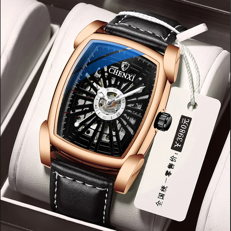 

CHENXI Automatic Mechanical Hardlex Mirror Watch Men Casual Hollow-carved Square Waterproof Man's Wristwatches Luminous