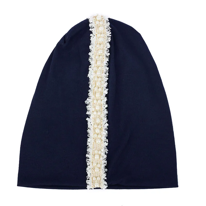 white navy Geebro/хлопковая мягкая женская Шапка-бини, мешковатая Роскошная жемчужная кружевная полосатая Кепка с черепом для взрослых, Повседневная теплая мешковатая шапка для зимы и осени - Цвет: white navy