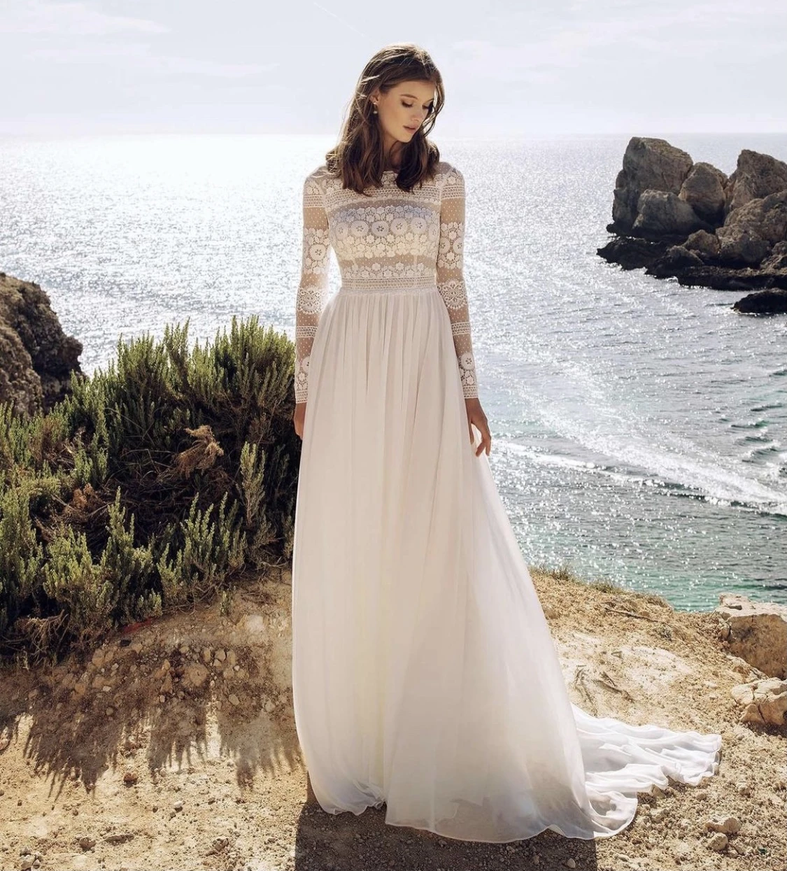 

Bohemian Wedding Dress 2021 A-Line O-Neck Long Sleeve Lace Embroidery Organza Sweep Train Princess Bride Gown Vestidos De Noiva