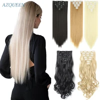 azqueen long straight synthetic hair 16 clips 140g extensions clips in high temperature fiber black brown hairpiece