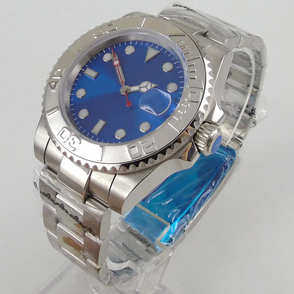 

40MM Blue Sterile Dial Business 21 Jewels MIYOTA 8215 Magnifier NH35A Clear Glass Back Bezel Insert Automatic Men's Watch