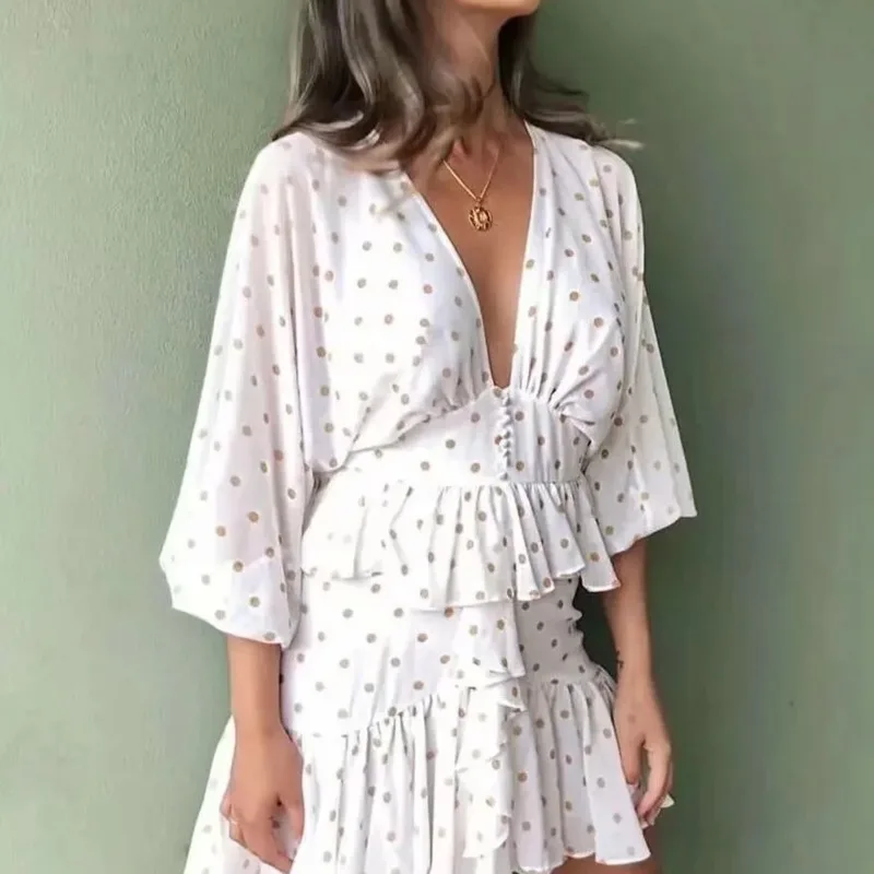 Женское Короткое Шифоновое Платье DEAT белое мини платье в горошек с рукавом