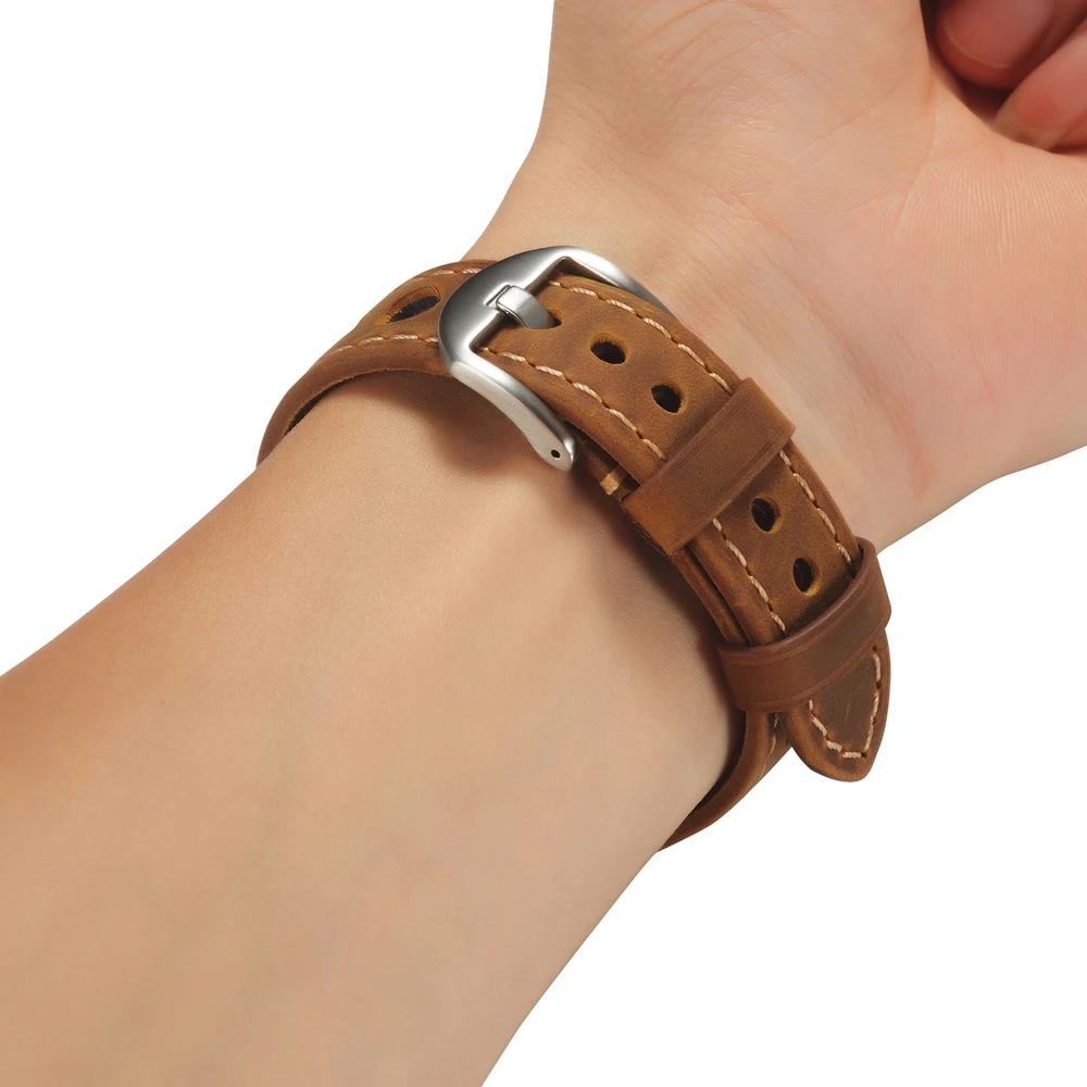 Genuine Leather Watch Strap Three holes Breathable Soft Watch Band Strap With Buckle Cowhide Watch Belt 20mm 22mm Vintage Brown