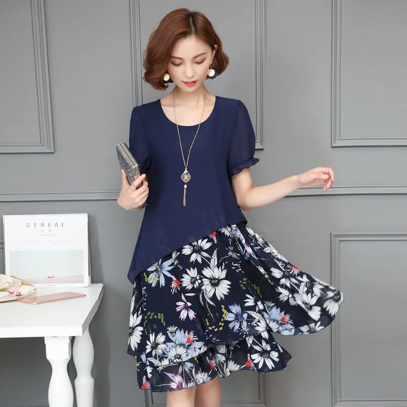 Плюс размер платье с коротким рукавом до колена женское длиной Новое шифоновое