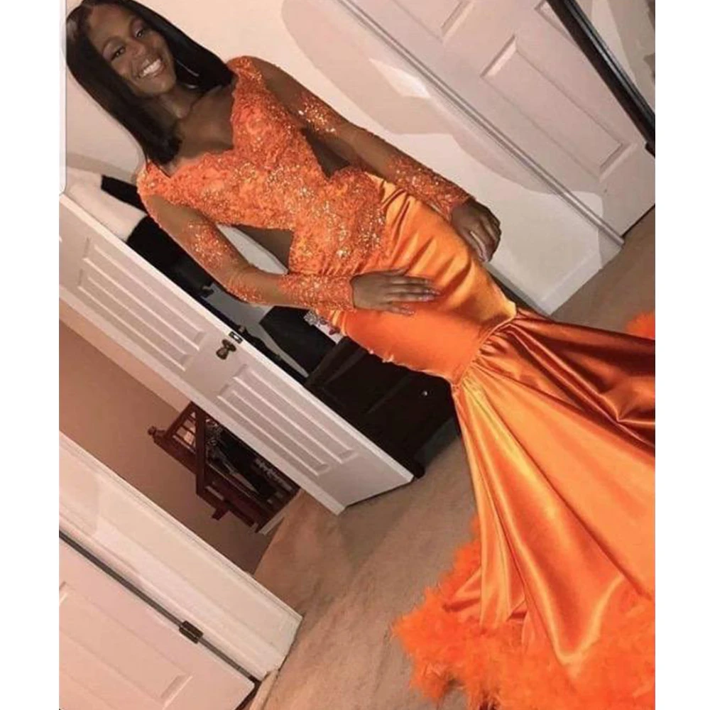 

Mermaid V-Neck Evening Dresses Long 2021 Elegant Sexy Orange Lace Appliques Prom Gown Custom Made Long Sleeves vestido de fiesta