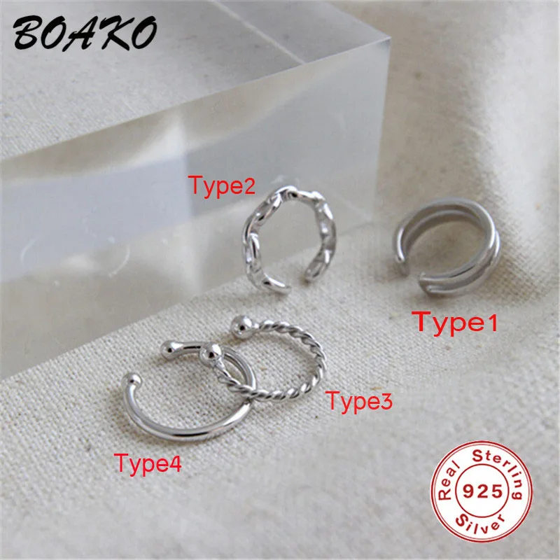 BOAKO, 1 шт., каффы для ушей, хрящи, клипсы для ушей, для женщин, не прокалываются, скрученные, маленькие, ушные каффы, 925 пробы, серебряные ювелирные изделия