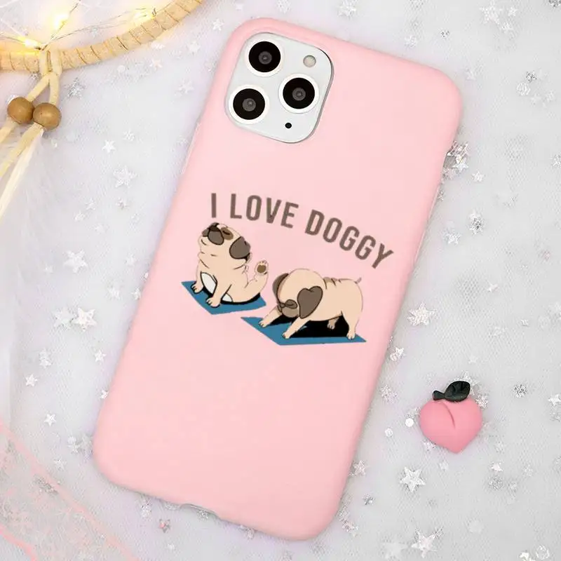 

Cute Cartoon Pug Animal Yoga Phone Case Candy Color Pink for iPhone 11 pro XS MAX 8 7 6 6S Plus X 5S SE 2020 XR
