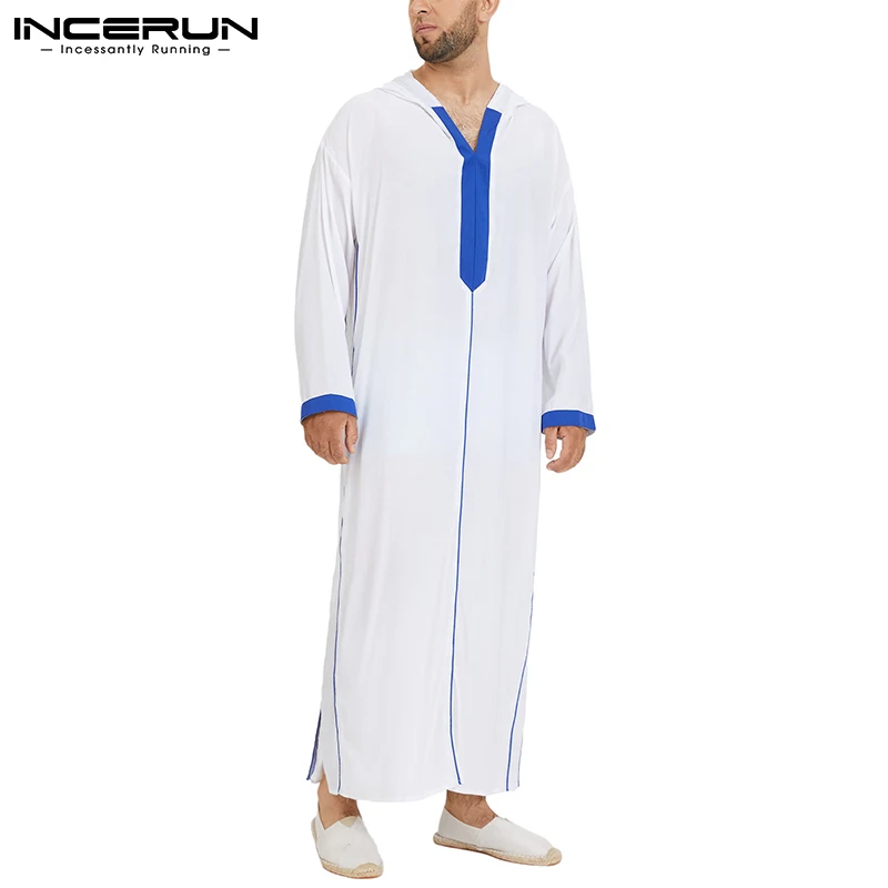 

INCERUN Men Clothing Muslim Kaftan Islamic Arabic Dubai Middle East Robes Patchwork Hooded Casual Long Sleeve Mens Jubba Thobe