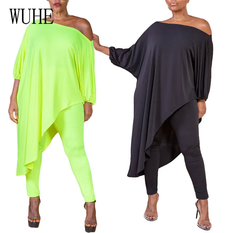 

Спортивный костюм WUHE женский летний, короткий топ с асимметричными косыми плечами и рукавами «летучая мышь» и облегающие брюки-карандаш, сп...