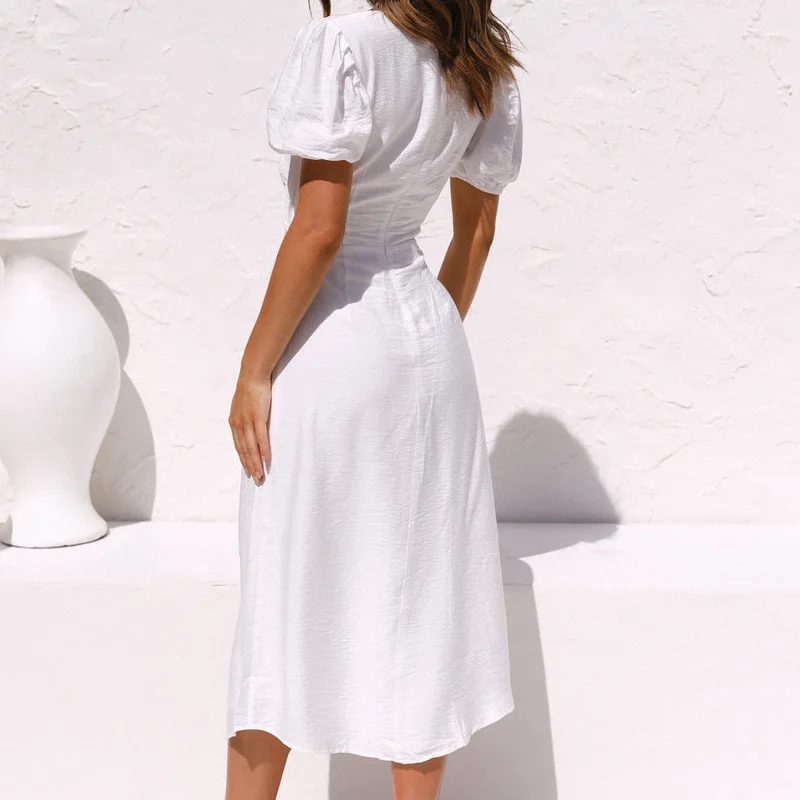 

Women's Casual Hollow Out Front V Neck Printed Dress Puff Sleeve Sexy High Split Boho Midi Dress With Zipper