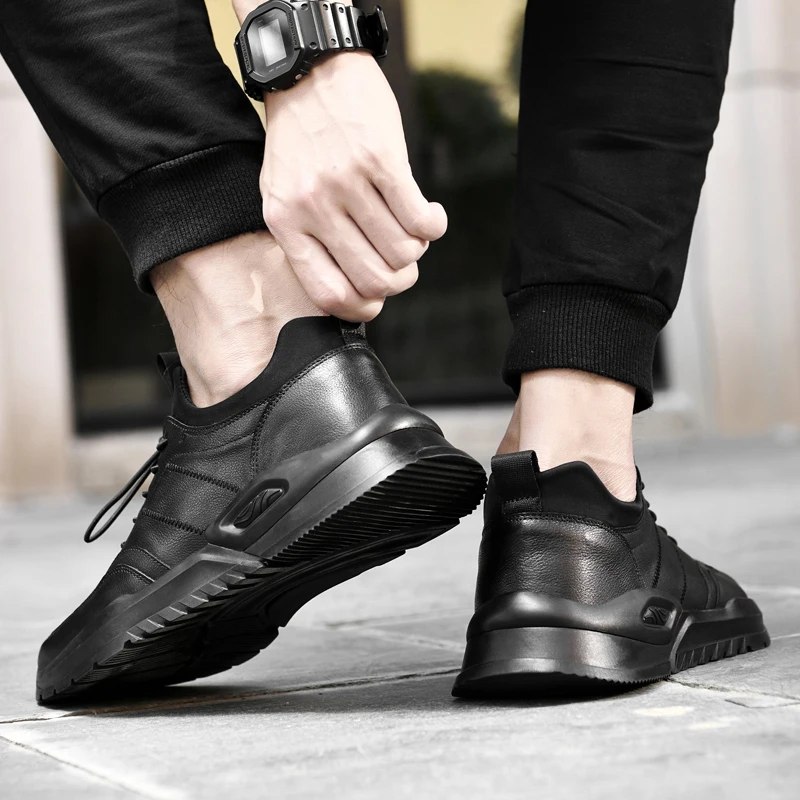 Jual Sepatu Kasual Pria Musim Semi Musim Gugur Sneakers Mewah Kulit Asli Sepatu Bot Pergelangan Kaki Berjalan Santai Berenda Pria Sneakers Modis Hitam