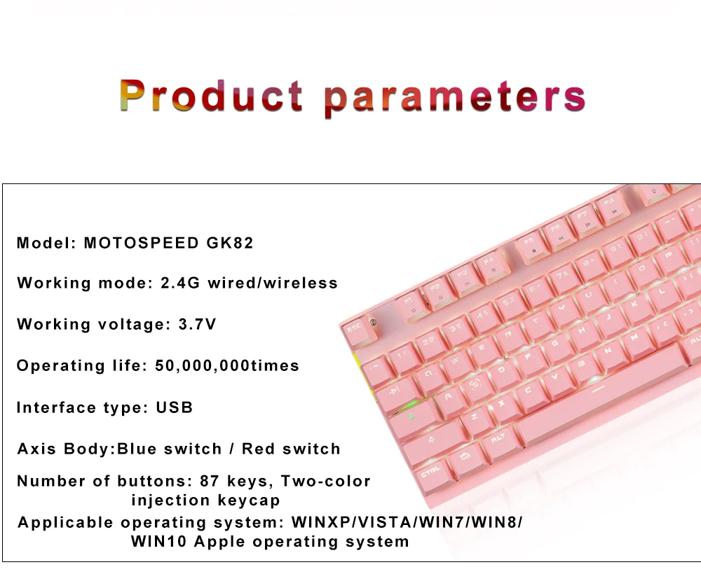 Motospeed 2,4G, Беспроводная игровая механическая клавиатура, двойной режим, 87 клавиш, мини-клавиатура, RGB подсветка, usb приемник для ПК, компьютера, геймера