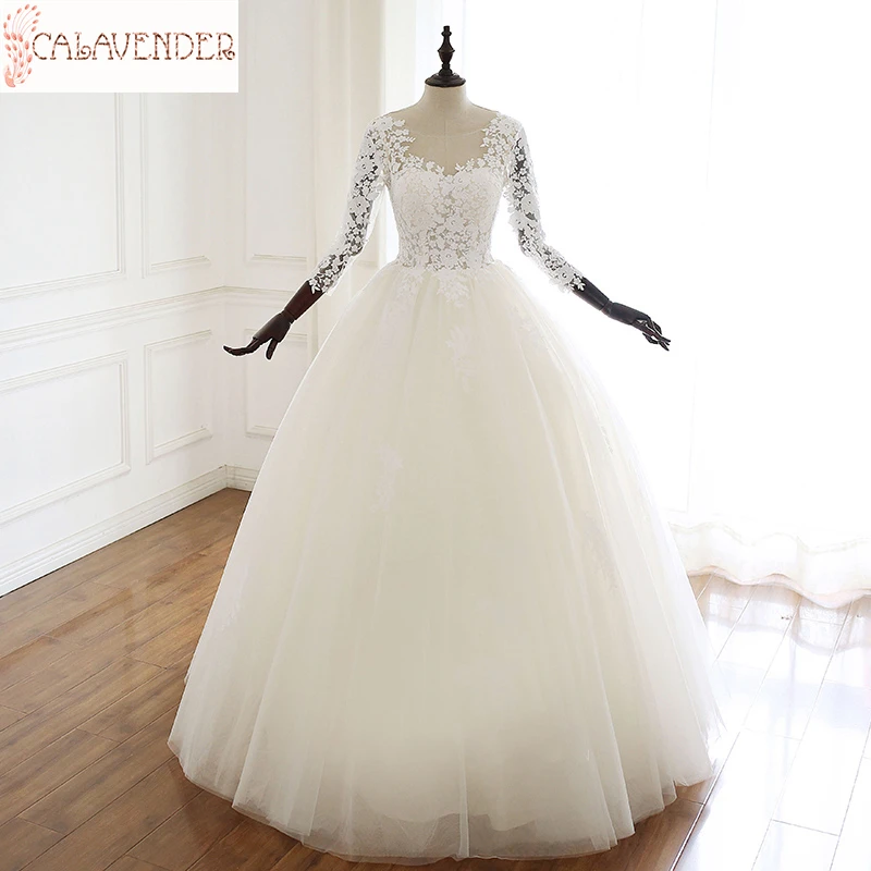 

White Ball Gown Wedding Dresses with Sleeves Scoop Lace Appliques vestidos de novia Backless Floor Length robe mariage femme