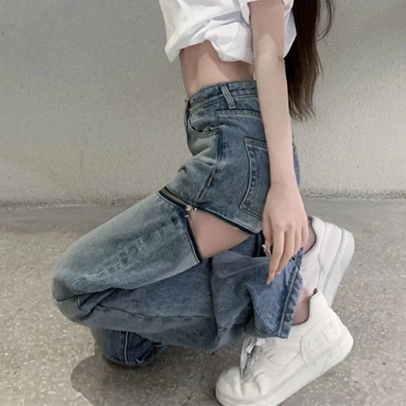

Women Straight Jeans 2021 High Waisted Denim Pants Removable Vintage Streetwear Full Length All-match Trousers Spring Autumn