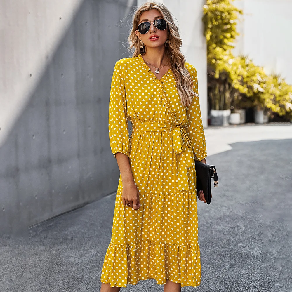 

Original New Women's 2021 Spring And Summer Burst Classic Dress Female Long Sleeve Fashion Maxi Size Wave Point Print Dresses