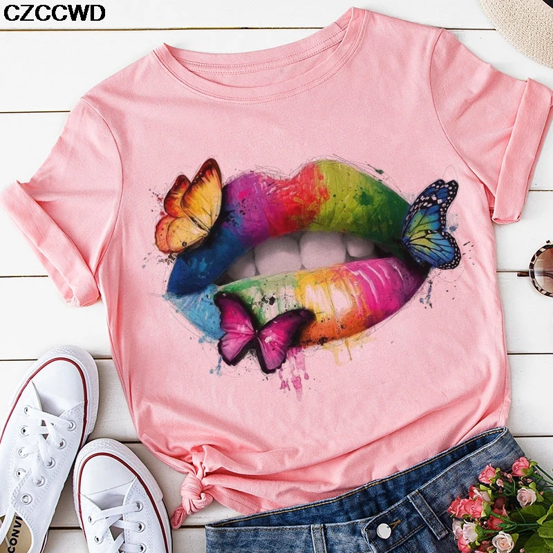 Женская одежда розовые футболки топы летняя тонкая футболка красочные губы