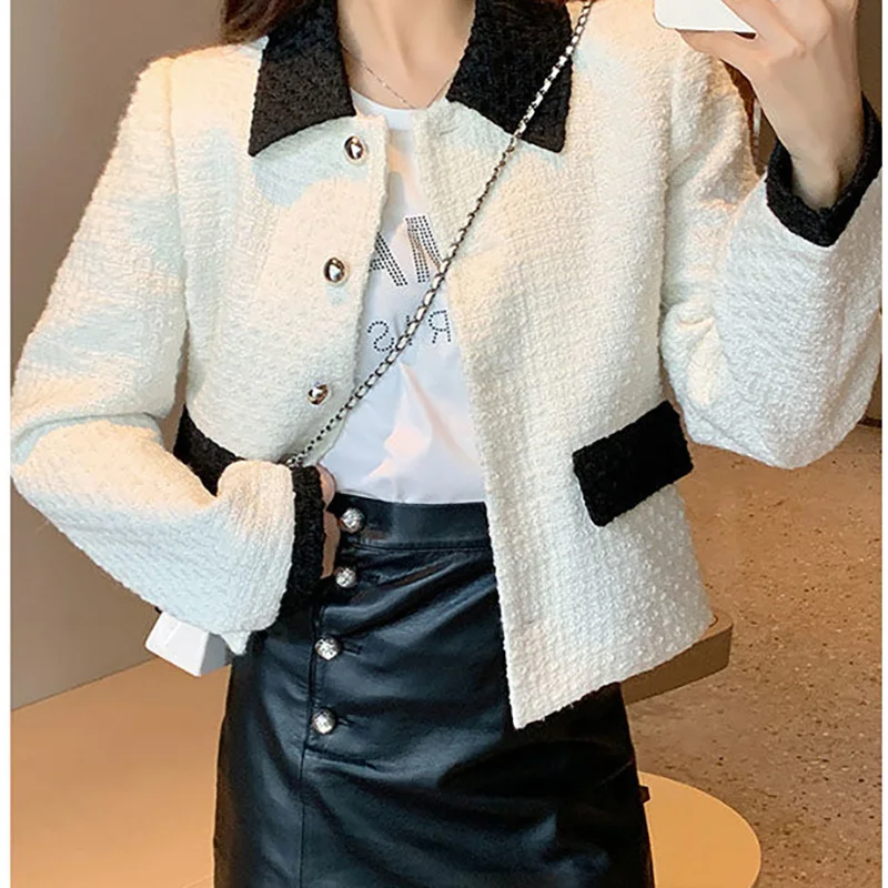 

Women Turn-Down Blazer Single Breasted Patchwork Short Tweed Jacket Autumn Vintage Ladies Small Fragrance Style White Suit Coat