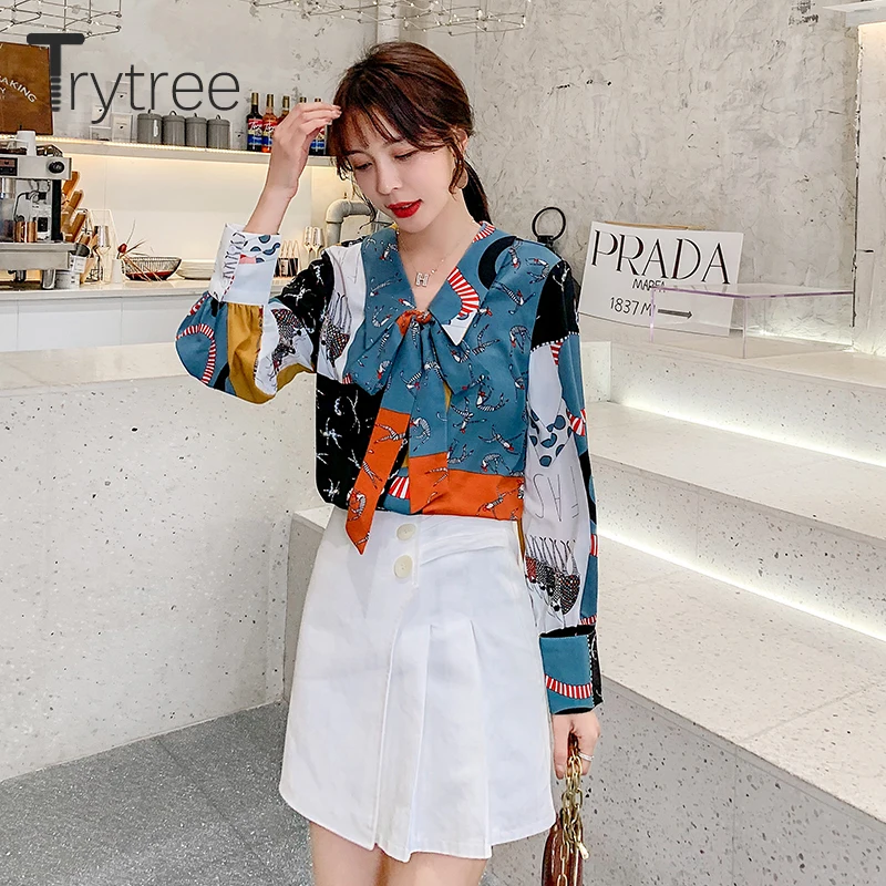Trytree 2020 Весенняя женская блузка повседневная отложной воротник бант кнопка