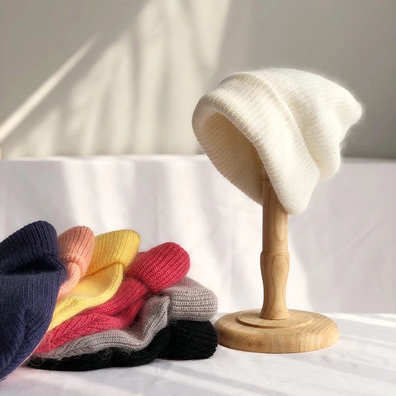 

Женская зимняя теплая шапка, женская шапка из кроличьего меха, однотонная широкая шапка, женская вязаная шапка