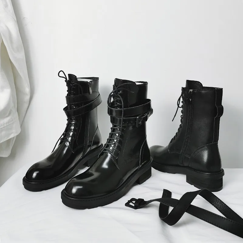 Женские ботинки из натуральной кожи с пряжкой в байкерском стиле сезон осень