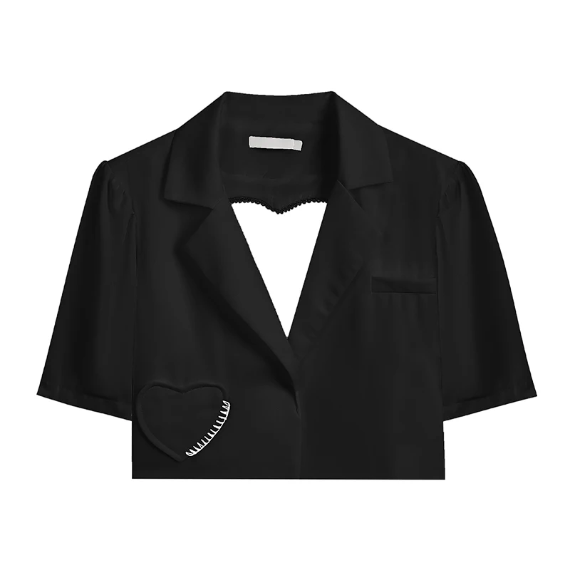 

Fashion Hollowed Heart-Shaped Thin Crop Tops Women's Blazer 2021 Summer New Elegant Short Sleeve Suit Coat Blazers Office Lady