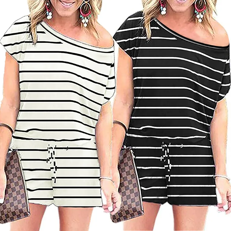 Женский комбинезон в полоску с коротким рукавом повседневный белый и черный
