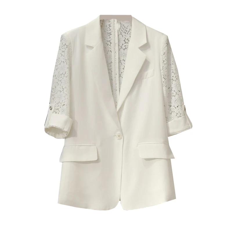 

Summer White Lace Blazer Women 2021 New Fashion Design Hollow Lace Suit Jacket Business Lady Thin Casual Coat Top Black