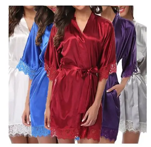 Hot White Women Silk Lace Robes Wedding Bridesmaid Bride Gown kimono Solid robe Sleepwear Nightgown Bridesmaid Robes size M-XL