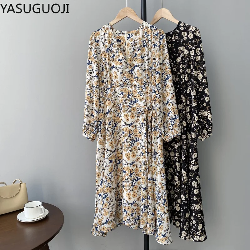 

Весна 2020, новый стиль, Шикарное облегающее платье с бантом и цветочным принтом, женское платье с длинным рукавом и V-образным вырезом YASUGUOJI