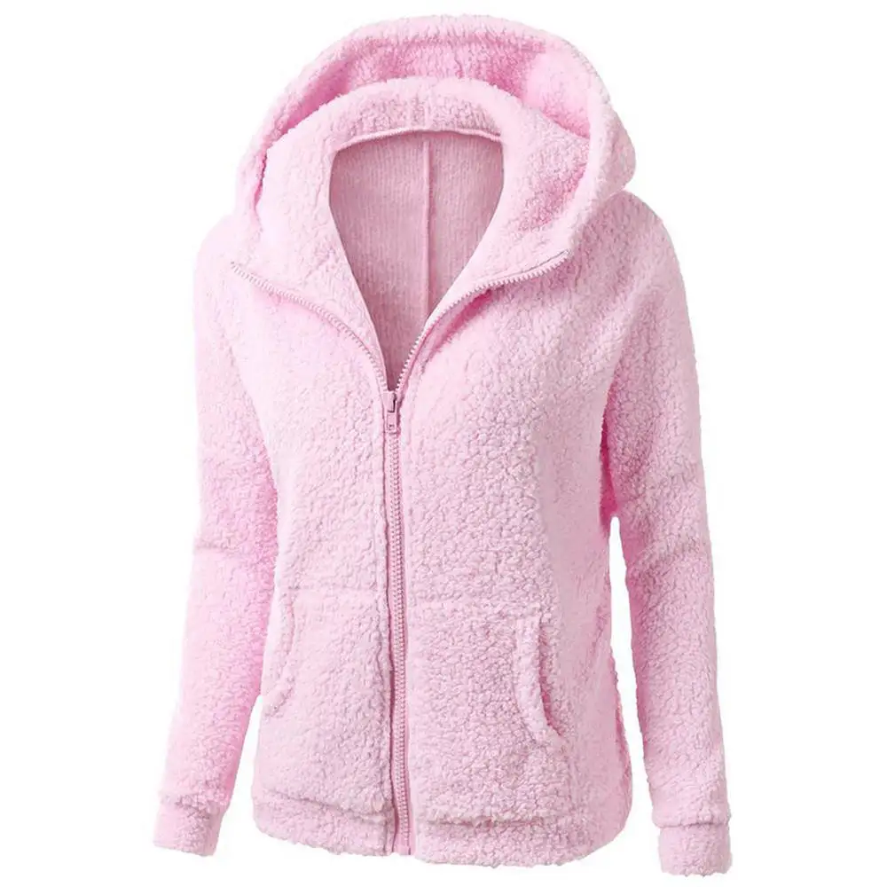 Women Fleece Sweatshirt Autumn Warm Soft Thicken Hooded Jackets Fashion Solid Zipper Long Sleeve Female Outwear Plus Size - Цвет: PINK