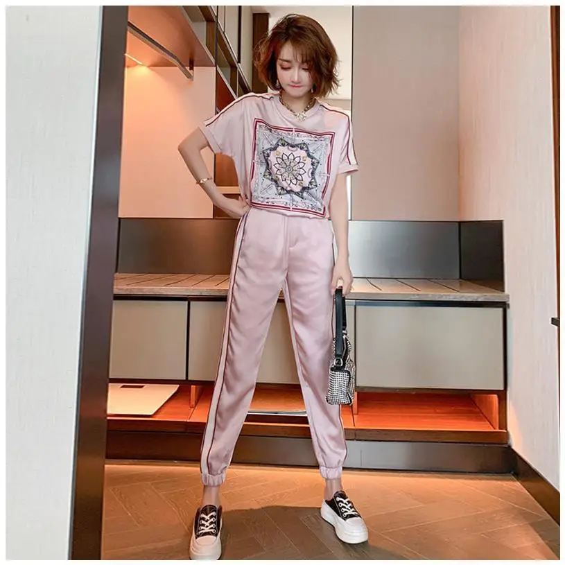 

Sports Outfits Women's Fashion Brand Fashion Summer Korean Style Age Reduction Temperament Skinny Casual Pants Two-Piece Set