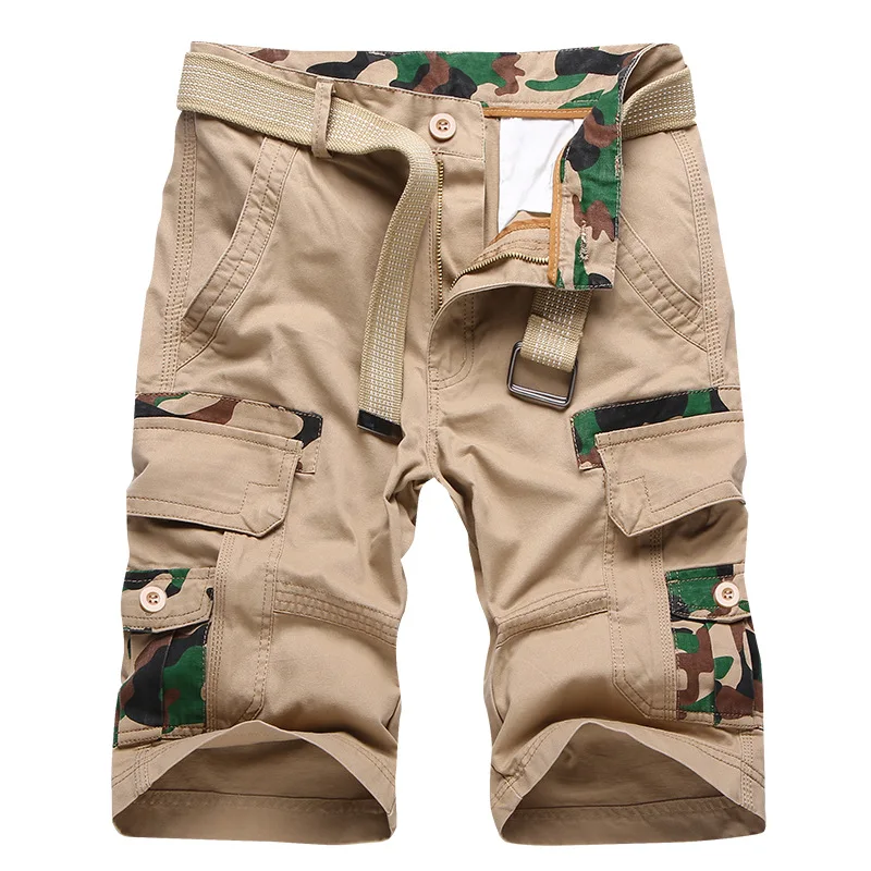 

100% Cotton Summer Cargo Short Men Casual Patchwork Straight Mid-waist Knee Length Mens Shorts Multi-pockets Beach Short No Belt