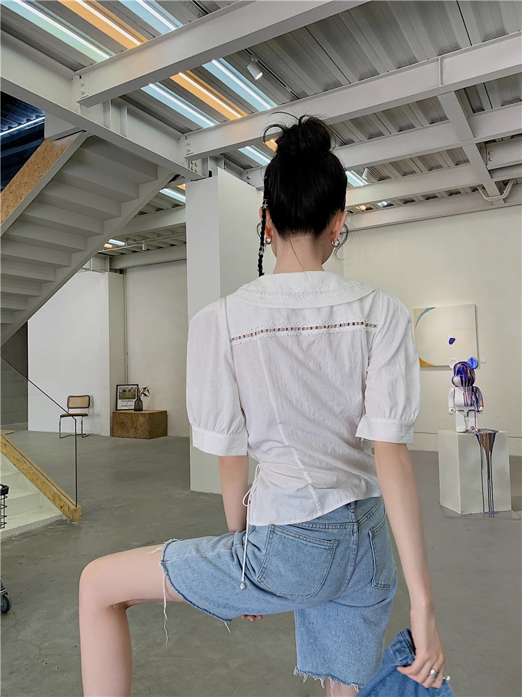 

CHEERART Hollow Out Vintage Short Sleeve White Shirt 2021 Fashion Women Summer Top Button Up Puff Sleeve Blouse Collared Shirt