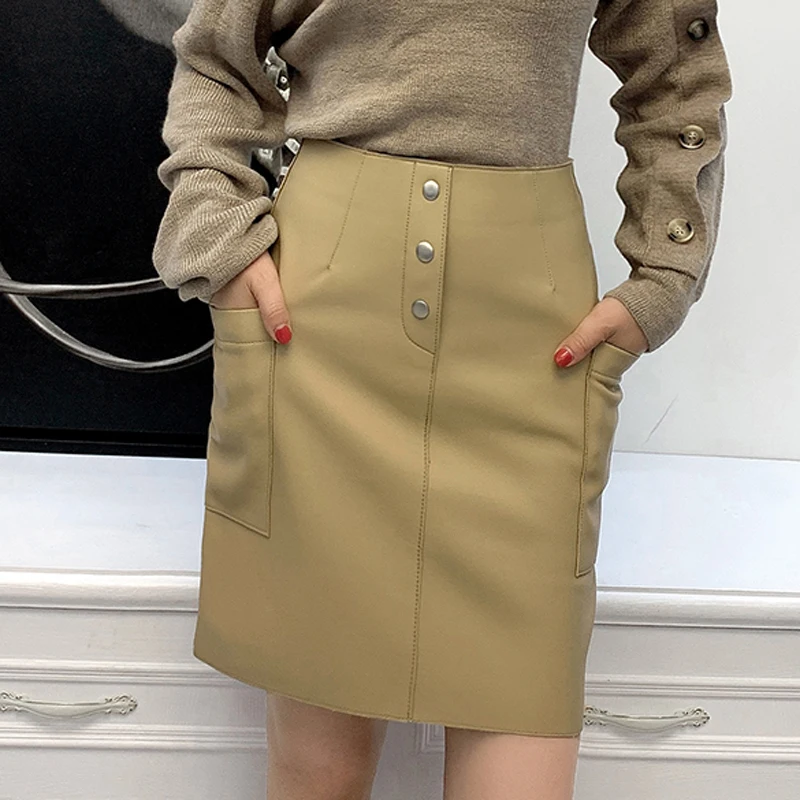 

Winter Simple High Waist Open Split Cross Genuine Leather Pencil Skirt Femme Beige/Wine Red Sexy Saia Buttocks Wrap Office Jupe