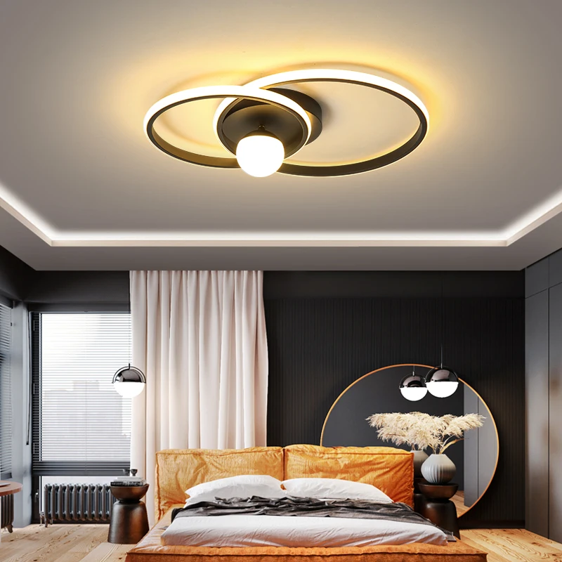 

Modern simple living room lighting, bedroom luminous gold black led ceiling hanging household lamp ring decorative lighting