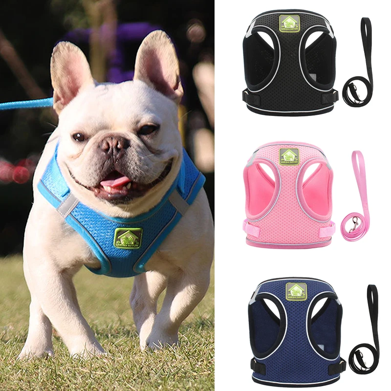 

Mesh French Bulldog Pet Vest Harness for Small Medium Dogs Mascotas Accessories Reflective Puppy Cat Dog Harnesses and Leash Set